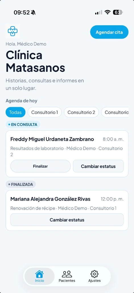 Agenda del día con citas en consulta y finalizadas