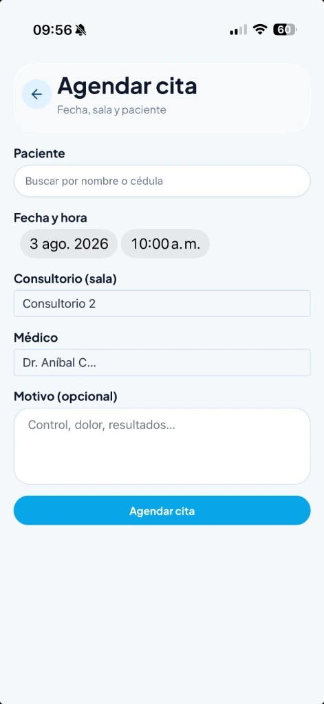 Formulario para agendar cita con paciente, fecha, consultorio y médico